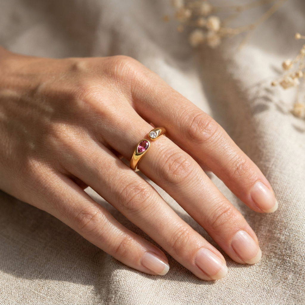 Adjustable Birthstone(July) Open Ring Set 18K Gold Plated Stainless Steel view 2