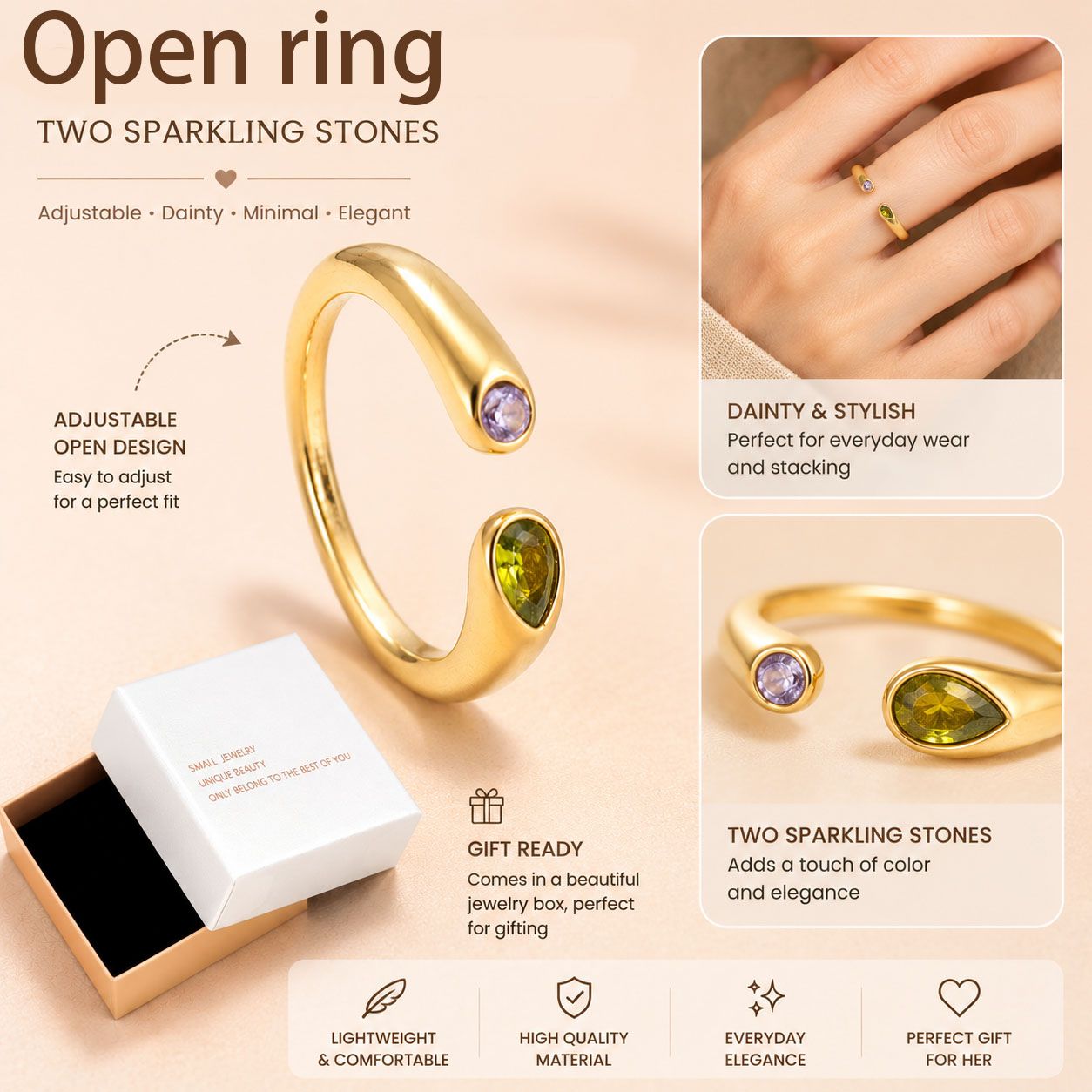 Adjustable Birthstone(August) Open Ring Set 18K Gold Plated Stainless Steel