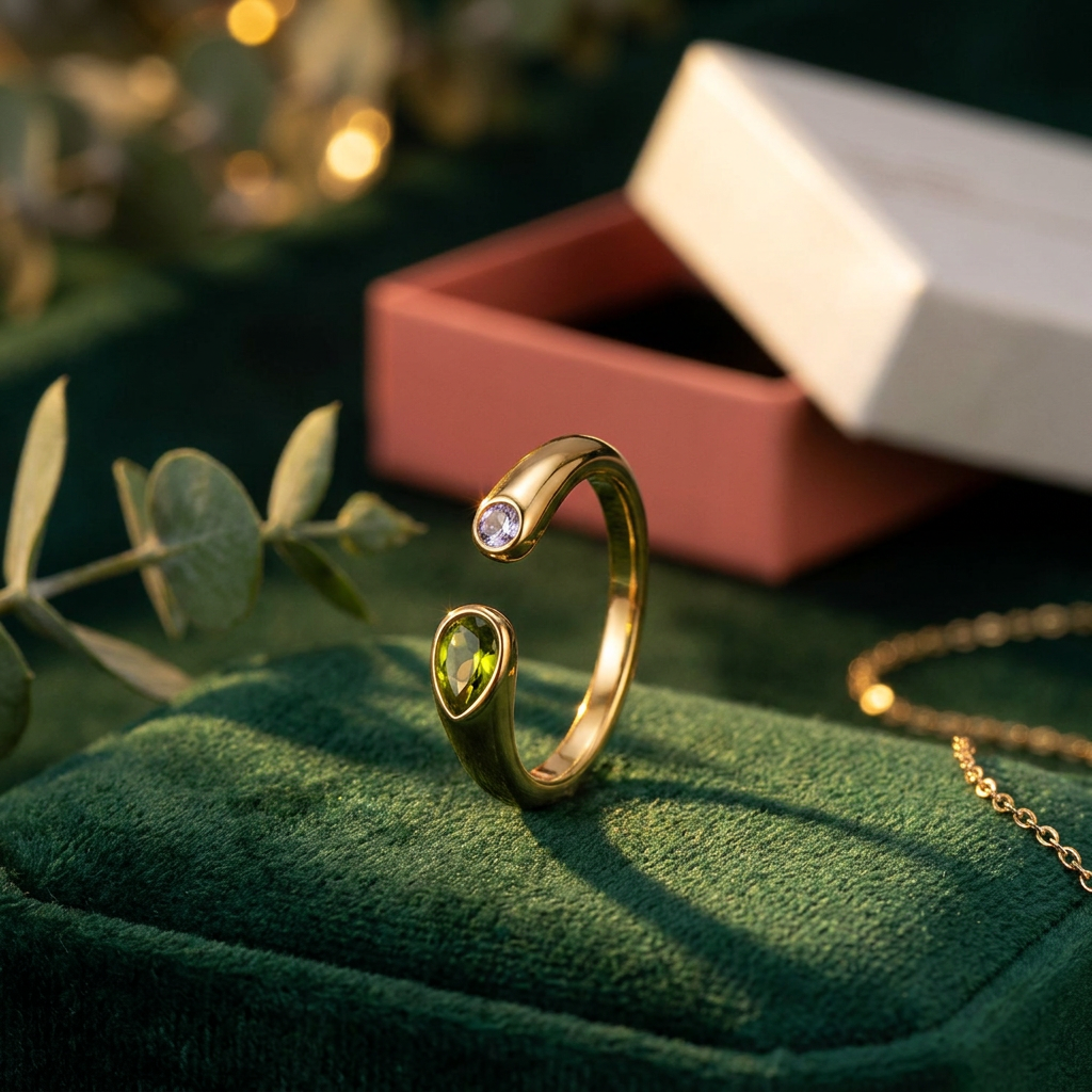 Adjustable Birthstone(August) Open Ring Set 18K Gold Plated Stainless Steel view 3