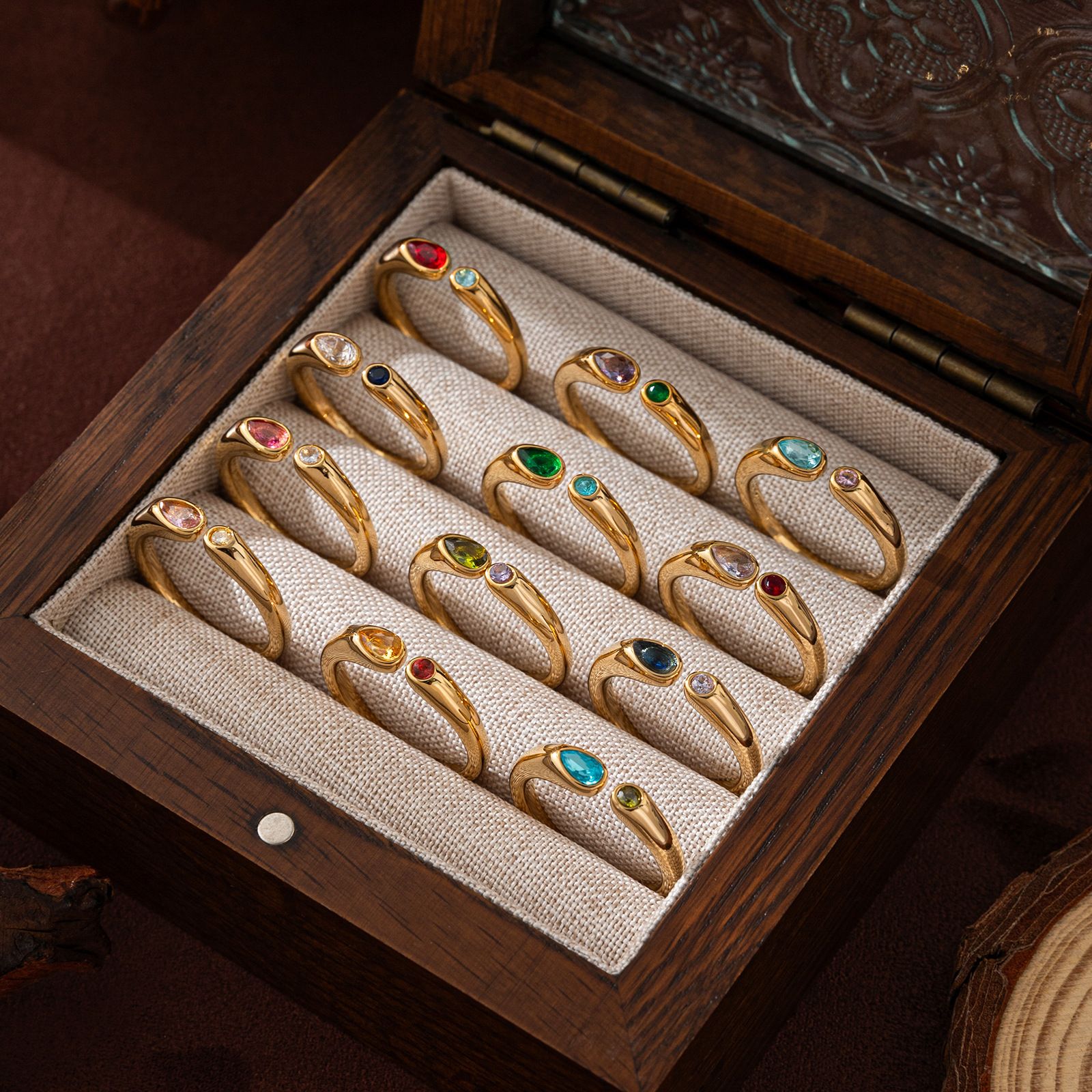 Adjustable Birthstone(August) Open Ring Set 18K Gold Plated Stainless Steel view 7