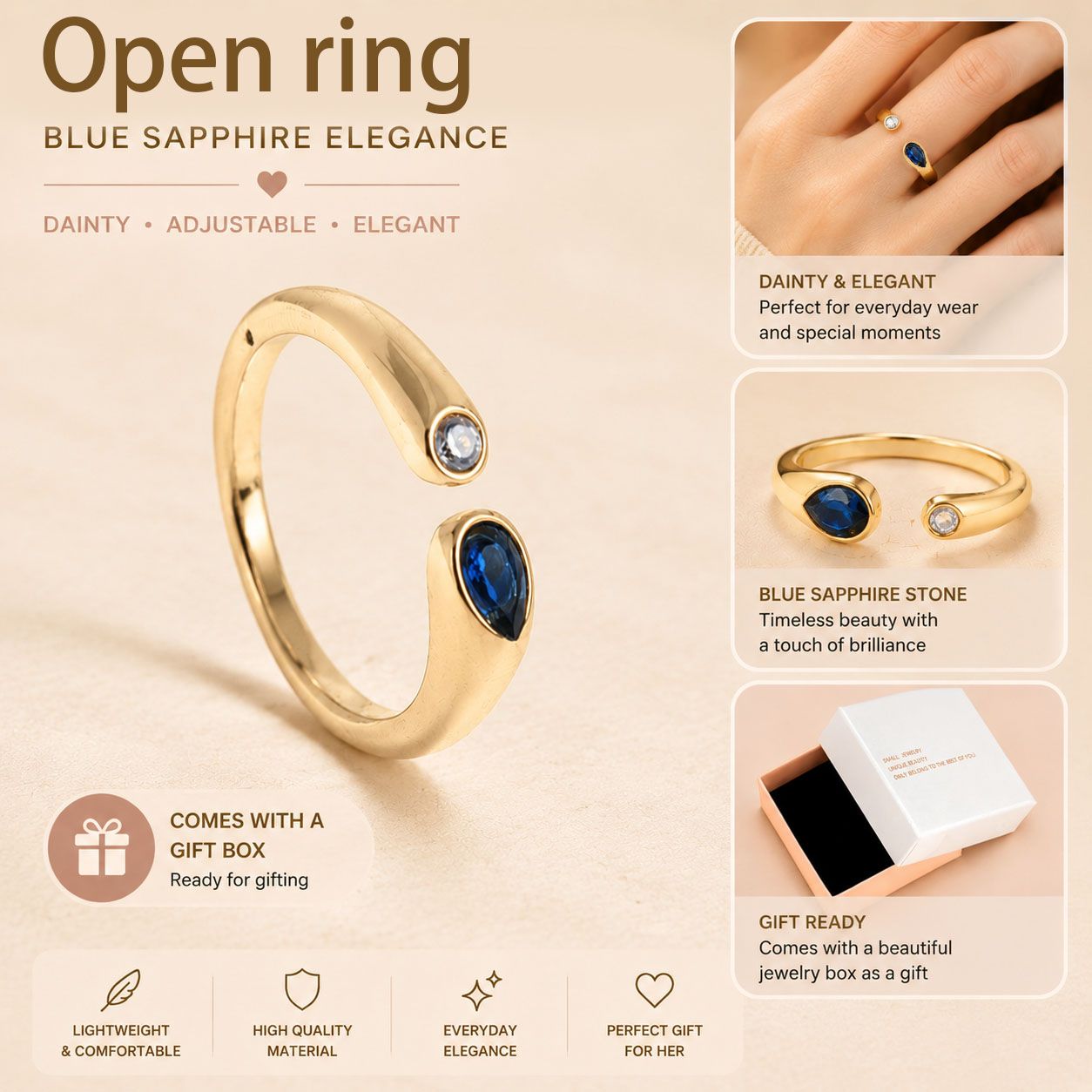 Adjustable Birthstone(September) Open Ring Set 18K Gold Plated Stainless Steel