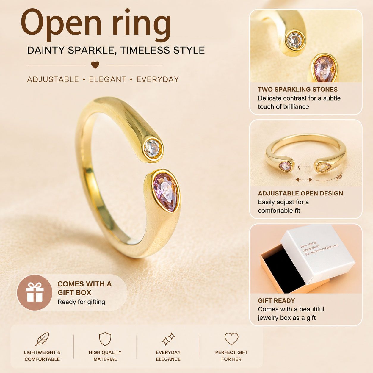 Adjustable Birthstone(October) Open Ring Set 18K Gold Plated Stainless Steel
