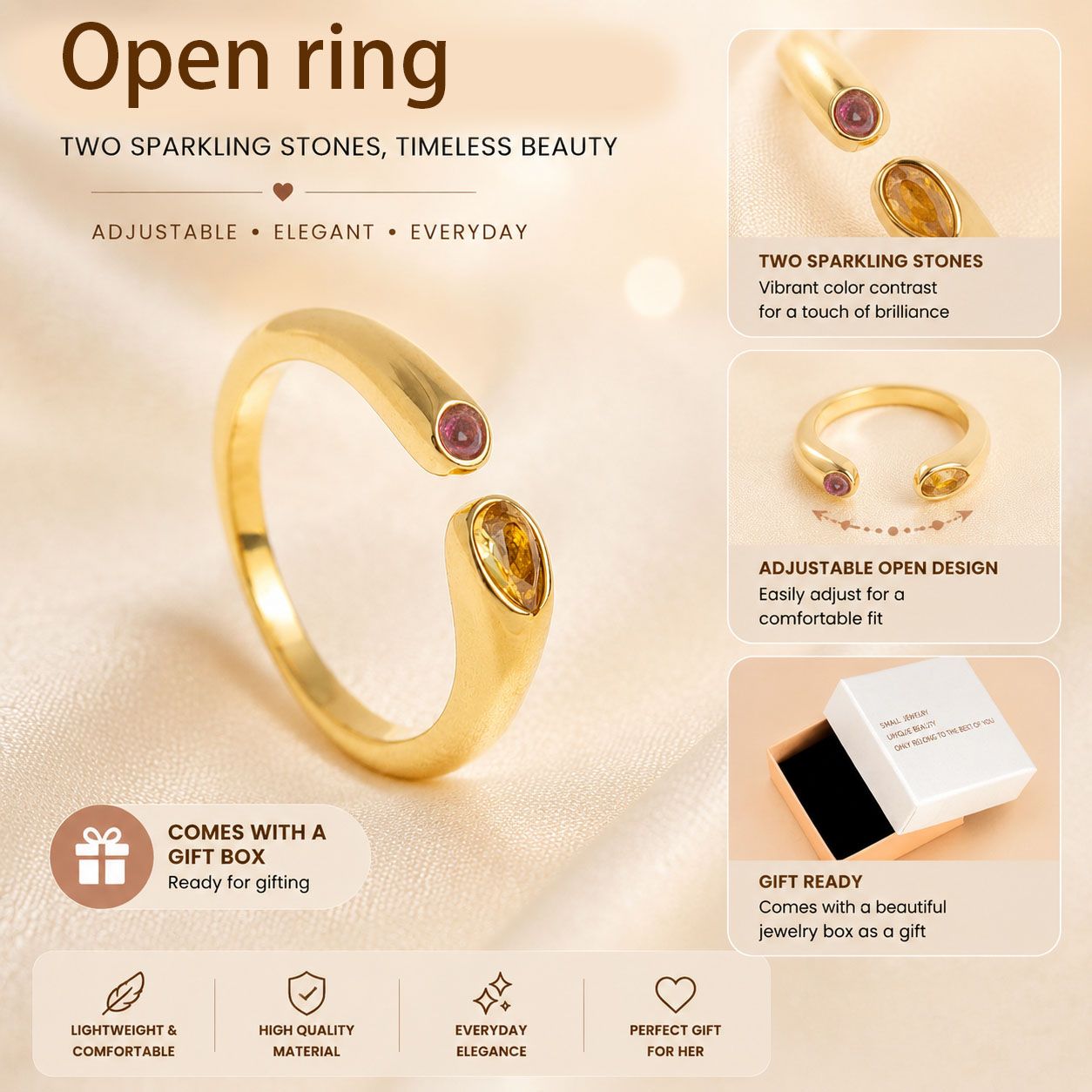 Adjustable Birthstone(November) Open Ring Set 18K Gold Plated Stainless Steel