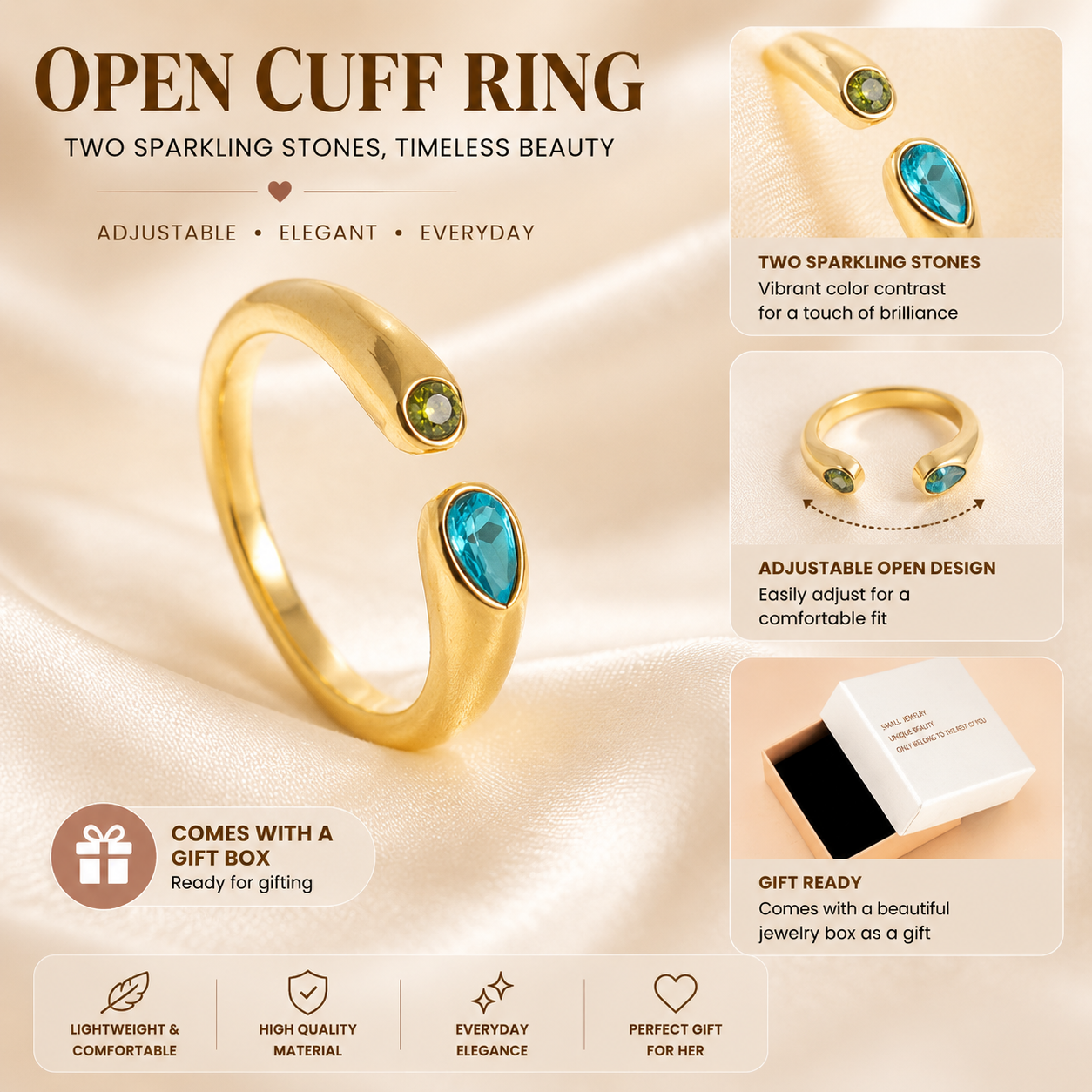 Adjustable Birthstone(December) Open Ring Set 18K Gold Plated Stainless Steel