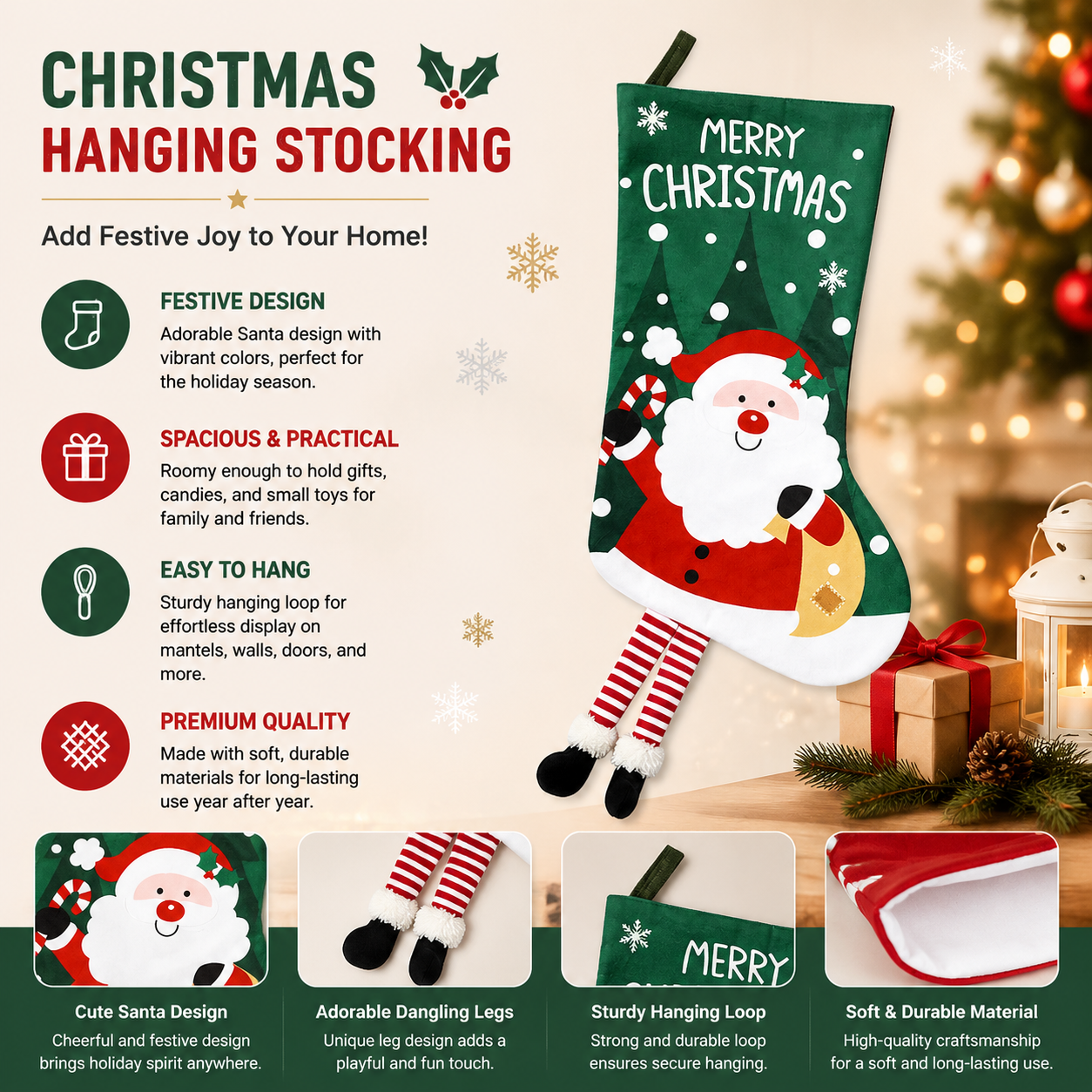 Santa Claus Hanging Stocking - Festive GreenSanta Claus Design Hanging Sock — image 1
