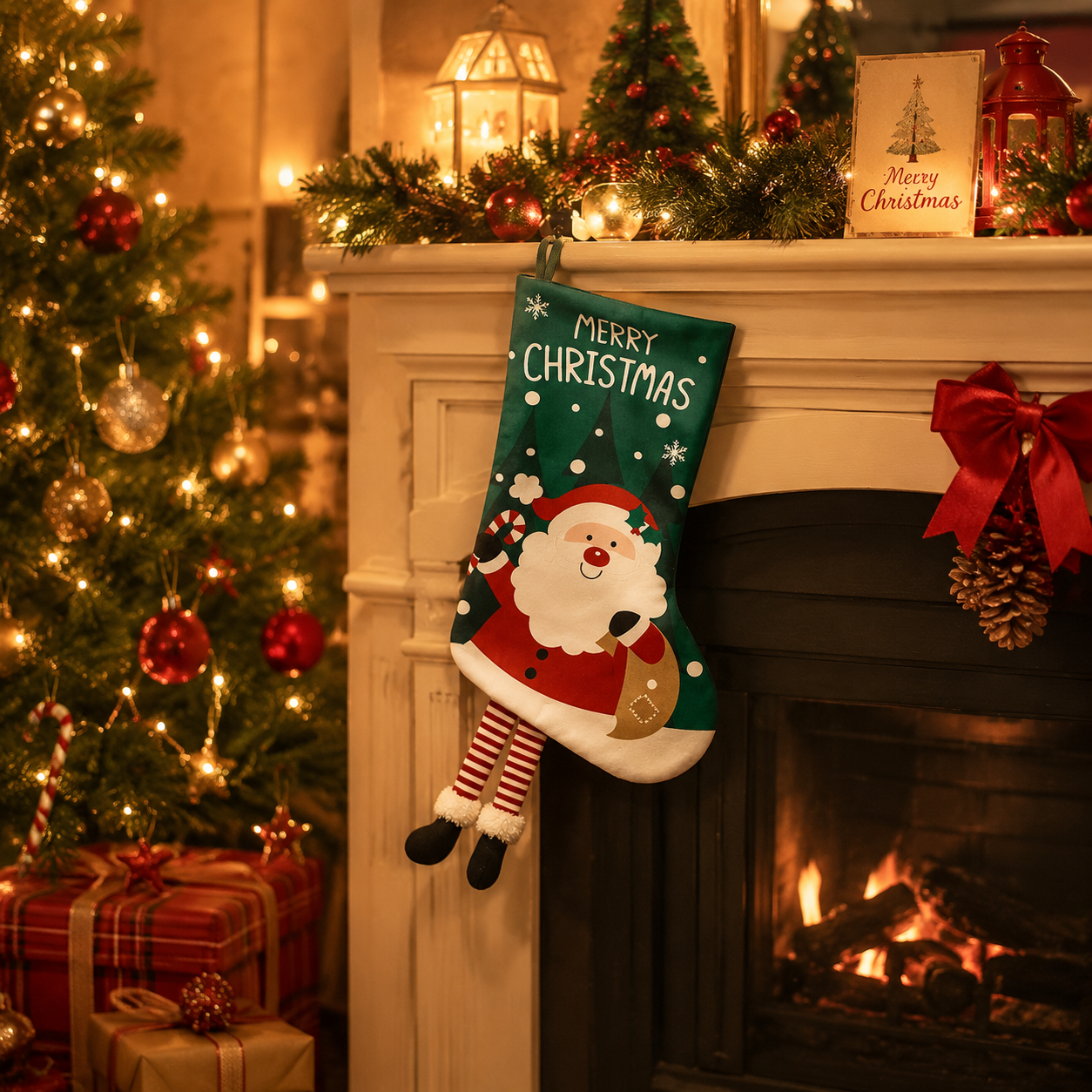 Santa Claus Hanging Stocking - Festive GreenSanta Claus Design Hanging Sock view 2