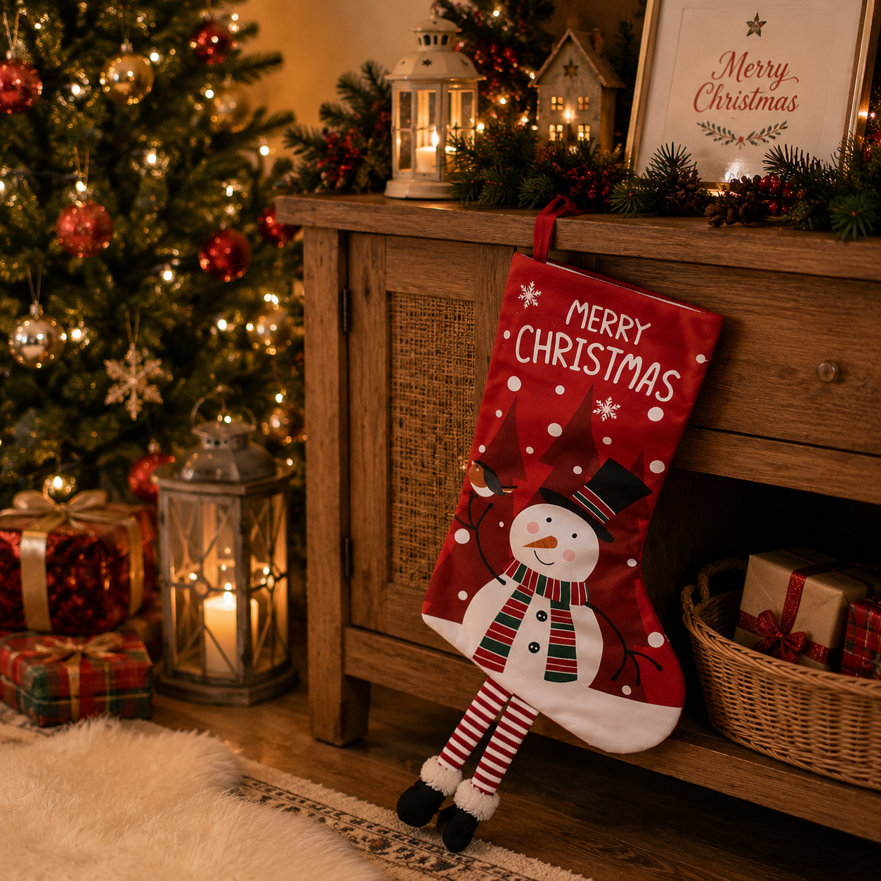 Snowman Hanging Stocking - Festive Red Snowman Design Hanging Sock with view 2
