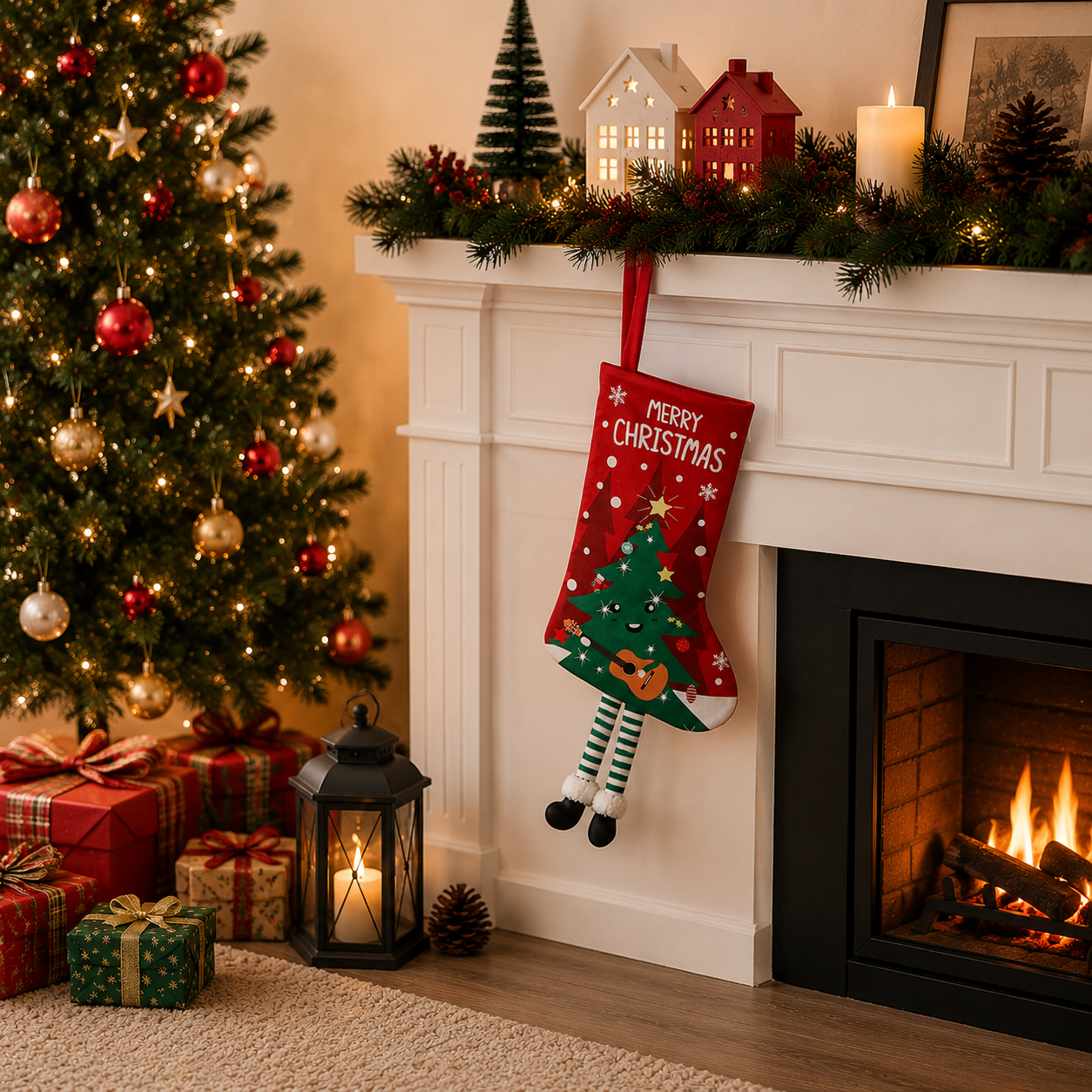 Christmas tree Hanging Stocking - Festive Red Christmas tree Design Hanging view 3
