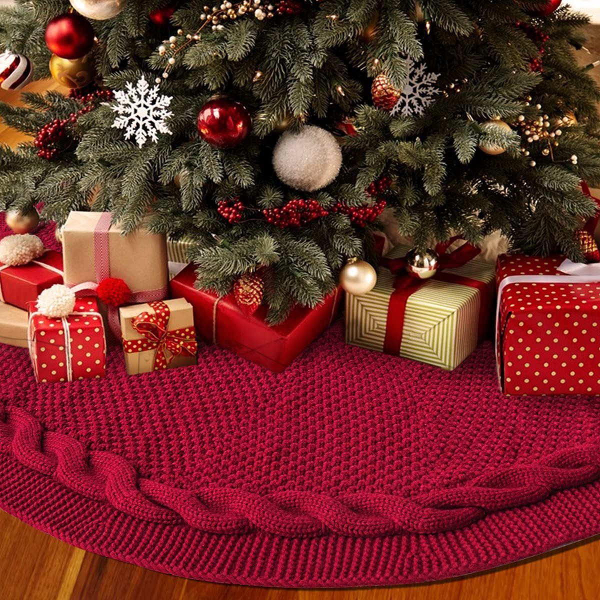 Knitted Christmas Tree Skirt 36 Inch Red Round Tree Base Cover with Cable Knit view 2