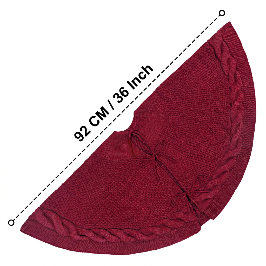Knitted Christmas Tree Skirt 36 Inch Red Round Tree Base Cover with Cable Knit view 6