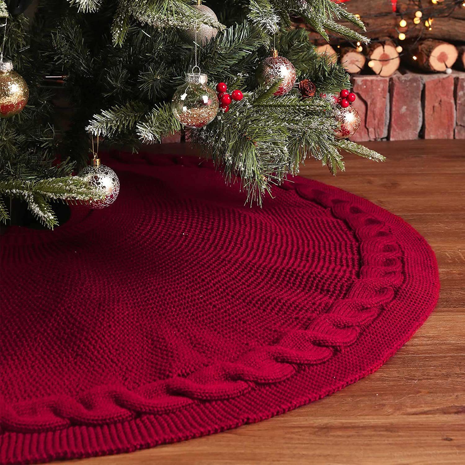 Knitted Christmas Tree Skirt 24 Inch Red Round Tree Base Cover with Cable Knit view 3