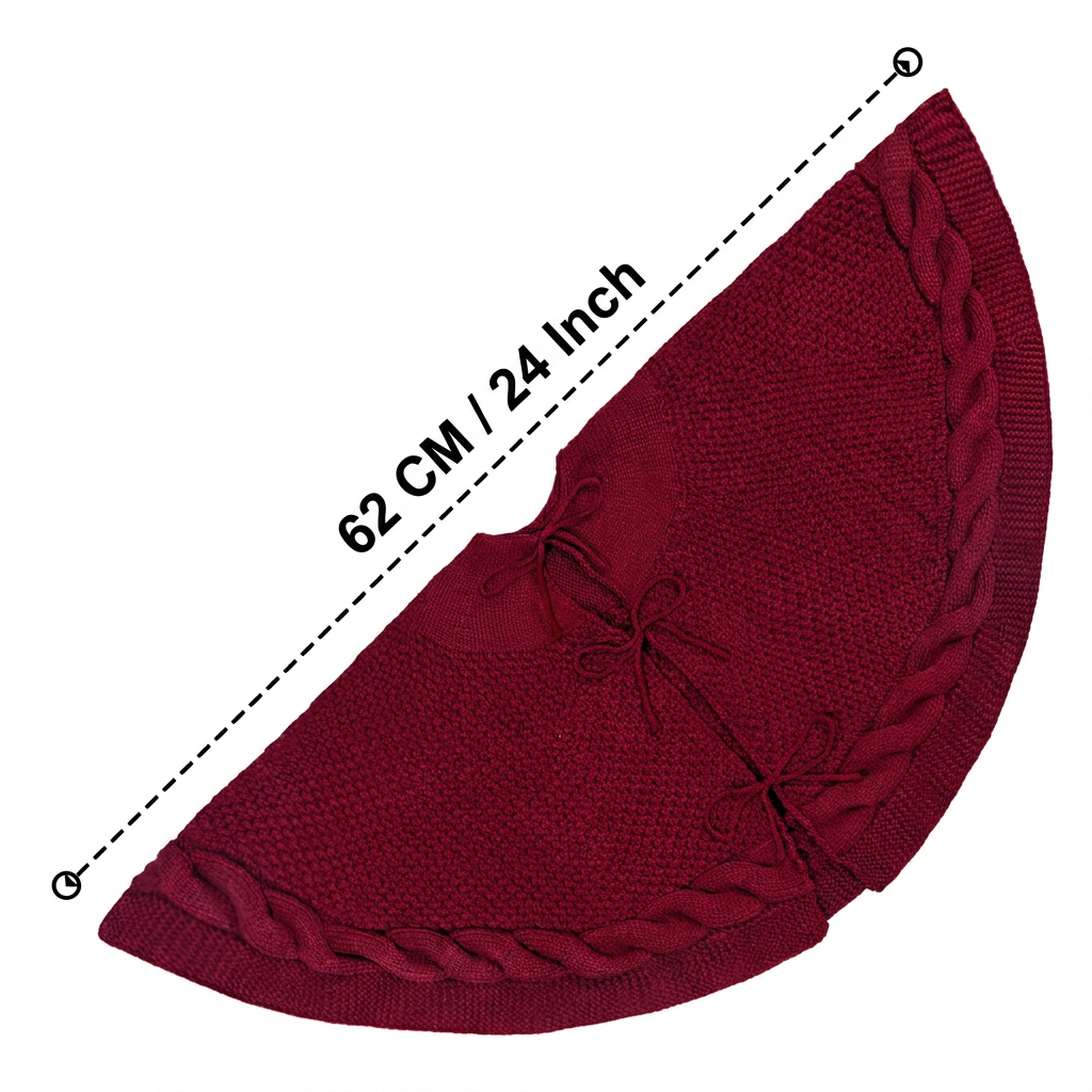 Knitted Christmas Tree Skirt 24 Inch Red Round Tree Base Cover with Cable Knit view 6