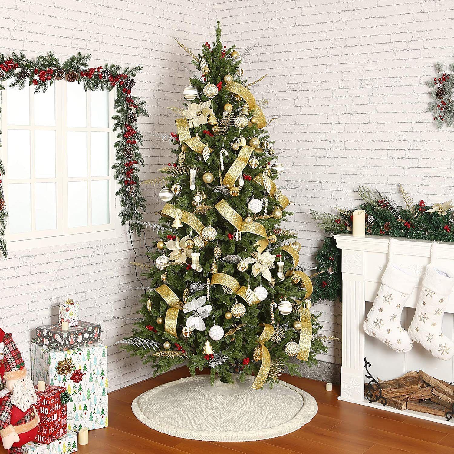 Knitted Christmas Tree Skirt 36 Inch White Round Tree Base Cover with Cable view 2
