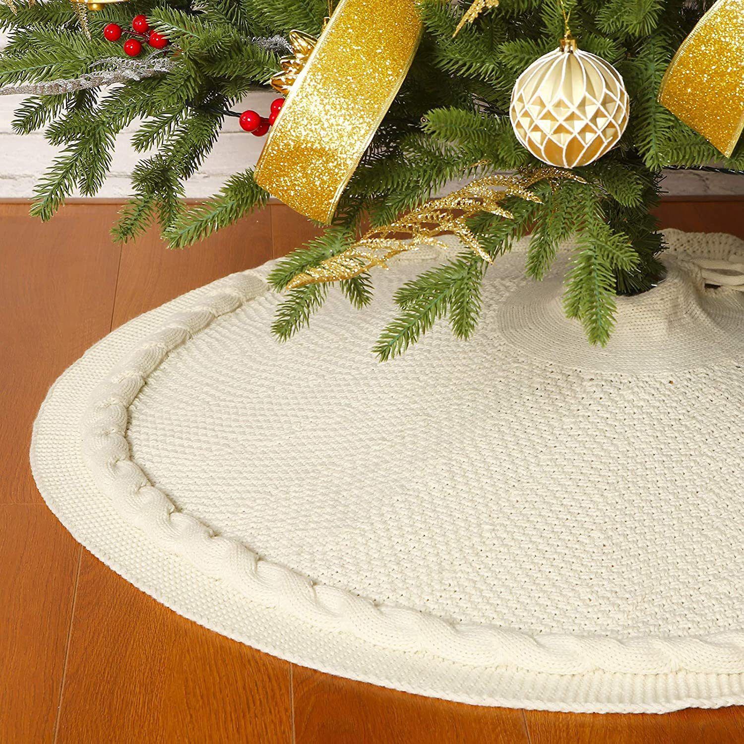 Knitted Christmas Tree Skirt 36 Inch White Round Tree Base Cover with Cable view 3