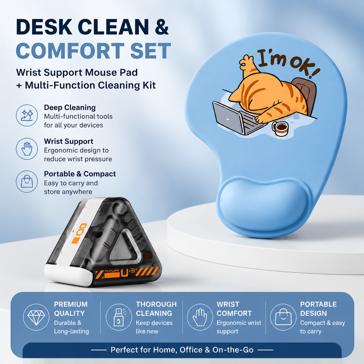 Wrist Support Mouse Pad and (Black) Desk Cleaning Kit Combo Set Ergonomic Gel