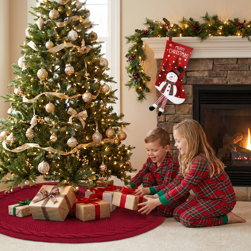 Red Christmas tree skirt and snowman pattern stocking set - 122cm diameter view 2