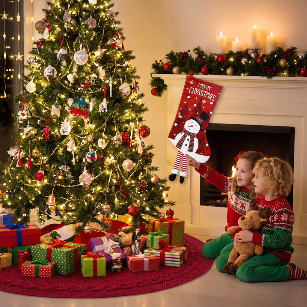 Red Christmas tree skirt and snowman pattern stocking set - 122cm diameter view 3