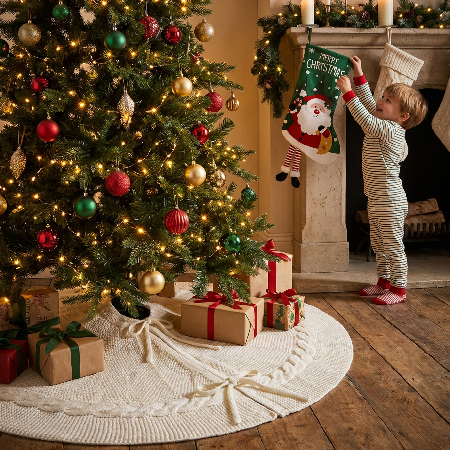 White Knitted Christmas Tree Skirt & Santa Stocking Combo Set Festive Holiday view 3