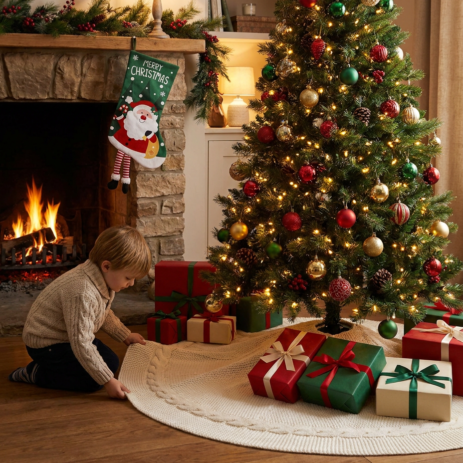 White Knitted Christmas Tree Skirt & Santa Stocking Combo Set Festive Holiday view 4