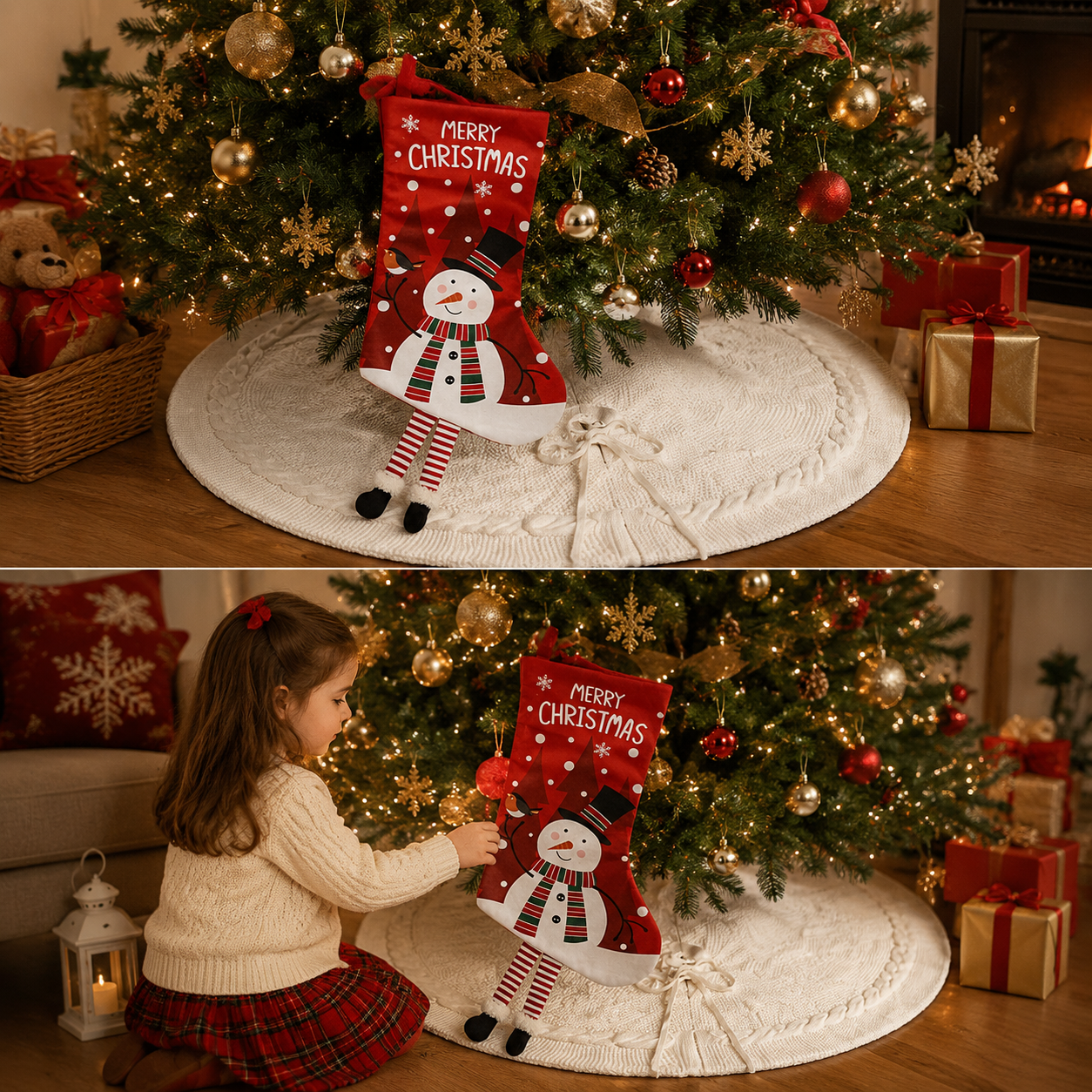 White Christmas tree skirt and snowman pattern stocking set - 122cm diameter view 2
