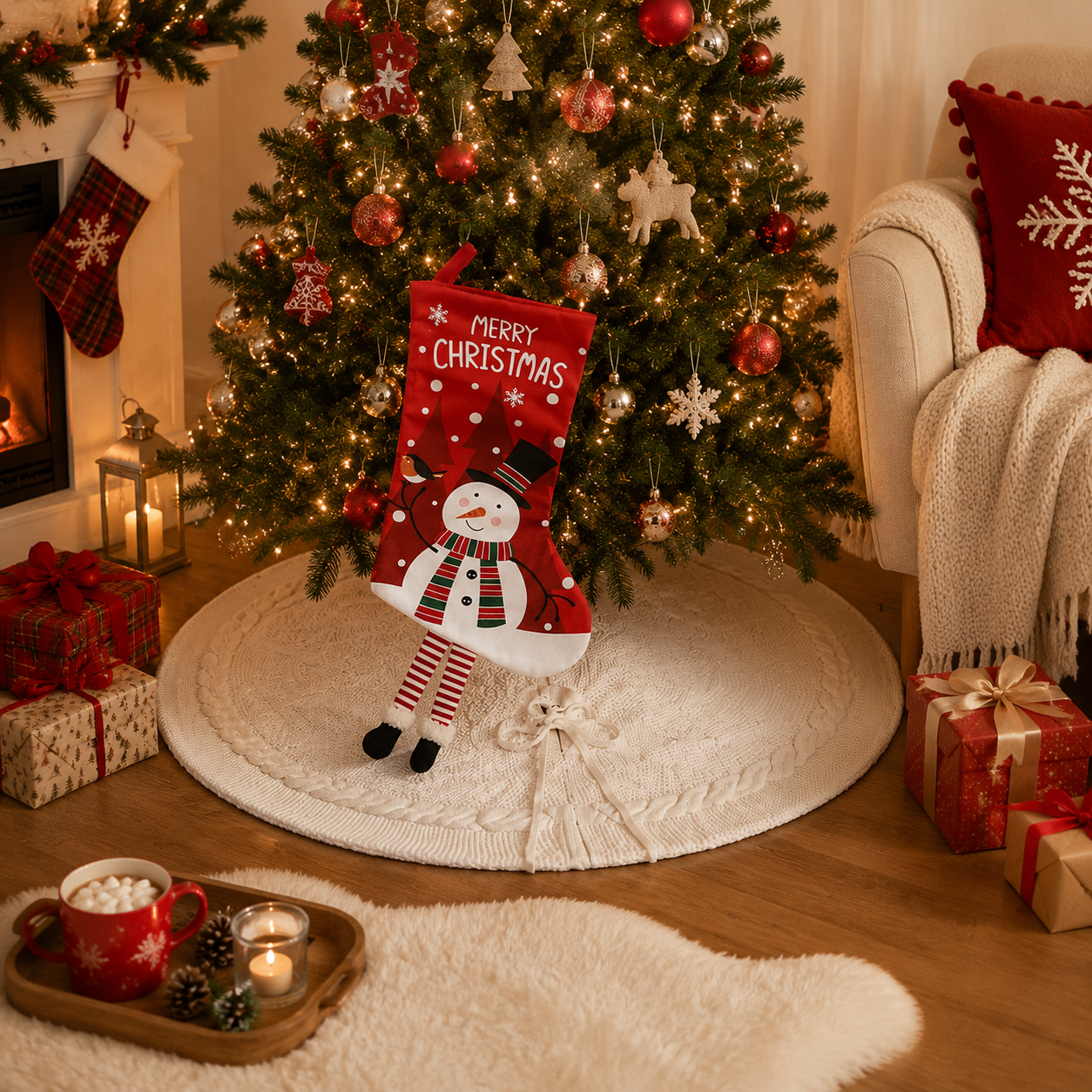 White Christmas tree skirt and snowman pattern stocking set - 122cm diameter view 3
