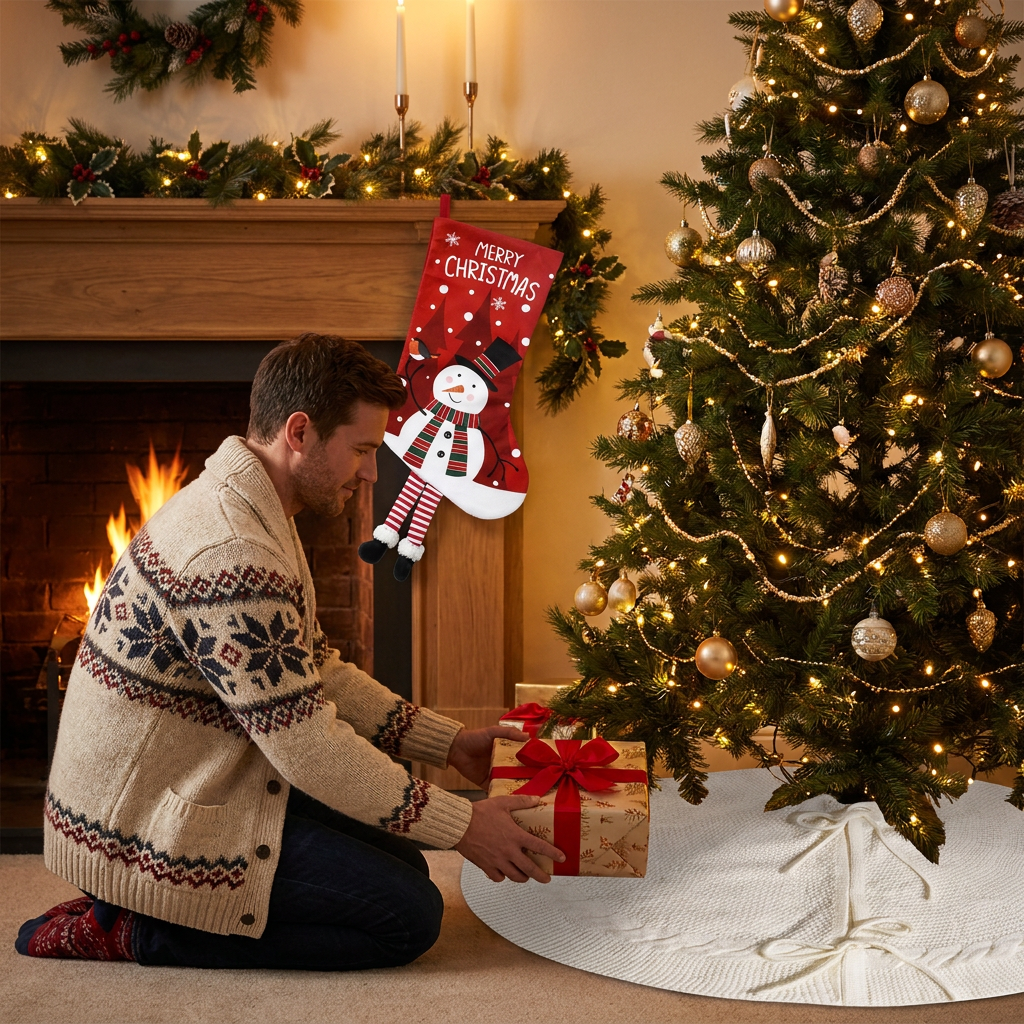 White Christmas tree skirt and snowman pattern stocking set - 122cm diameter view 4