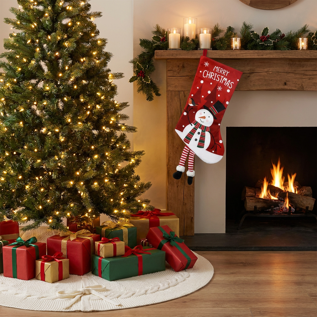White Christmas tree skirt and snowman pattern stocking set - 122cm diameter view 5