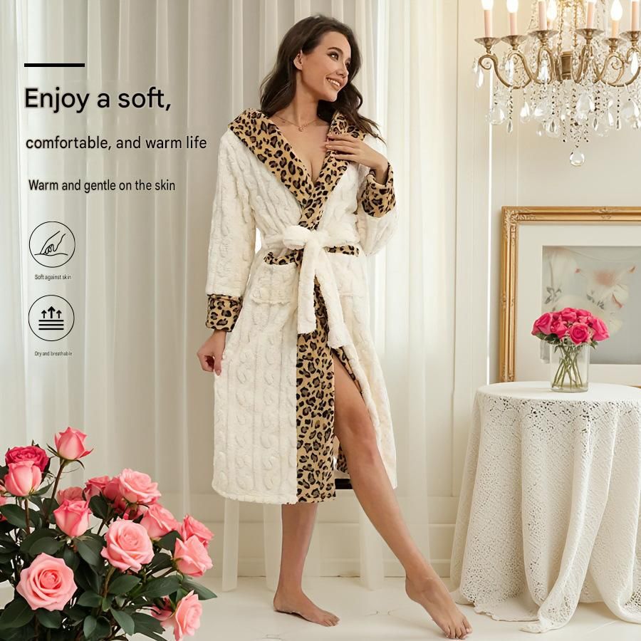 Women's White Coral Fleece Hooded Bathrobe with Leopard Print Trim (L)- Soft view 2