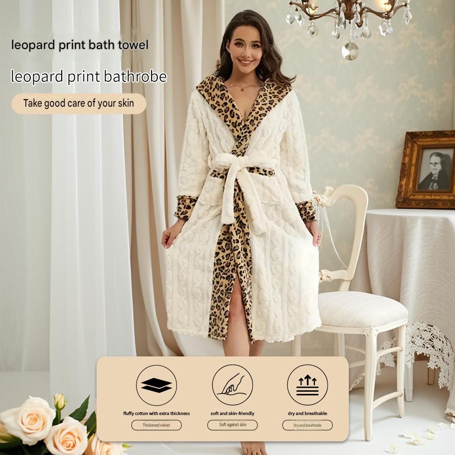 Women's White Coral Fleece Hooded Bathrobe with Leopard Print Trim (L)- Soft view 3