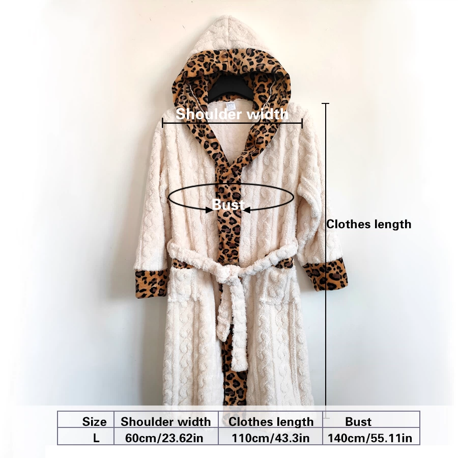 Women's White Coral Fleece Hooded Bathrobe with Leopard Print Trim (L)- Soft view 6