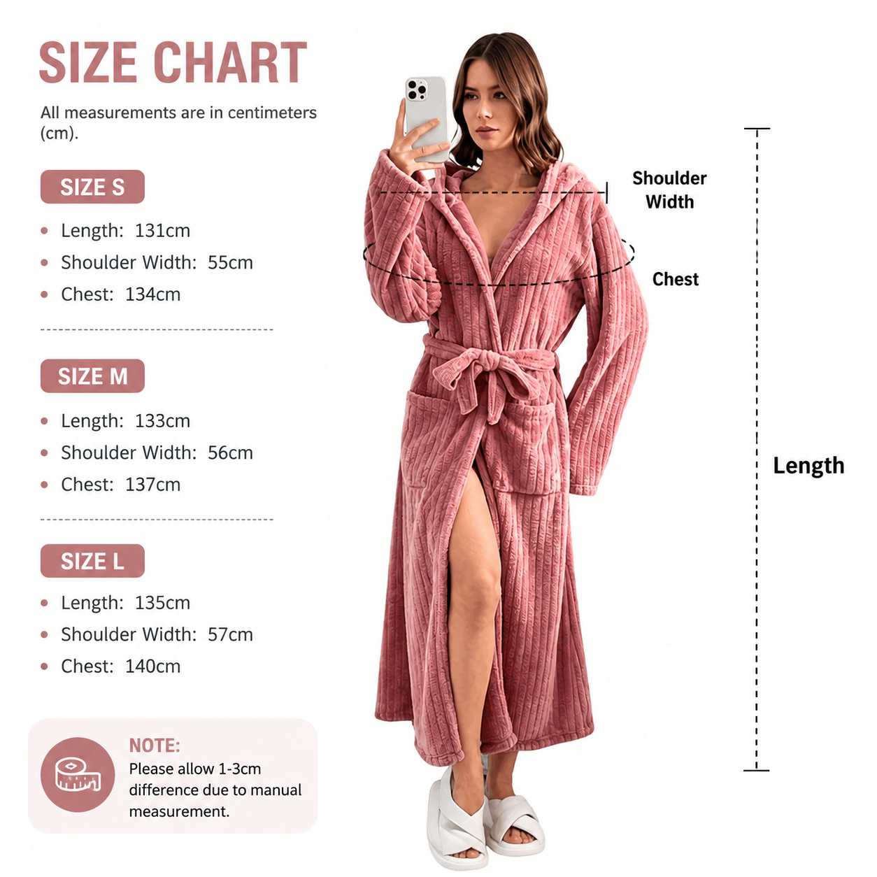 Women's Pink Coral Fleece Hooded Bathrobe (M)- Soft Plush Long Sleeve Wrap view 5