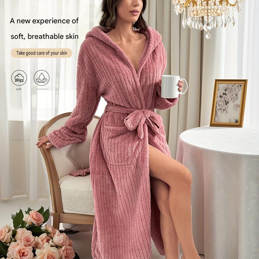Women's Pink Coral Fleece Hooded Bathrobe (L)- Soft Plush Long Sleeve Wrap view 2