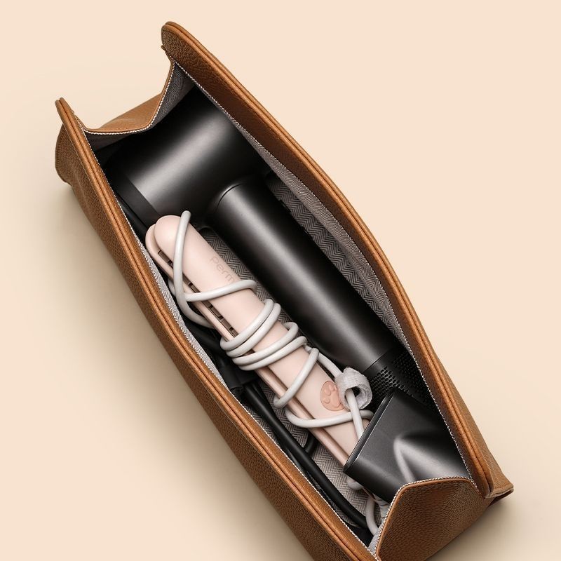 Beige Hair Dryer Storage Bag - Faux Leather Travel Organizer with Magnetic Closure view 3