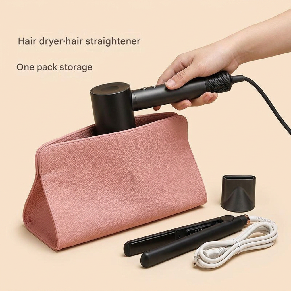Pink Hair Dryer Storage Bag - Faux Leather Travel Organizer with Magnetic Closure view 2