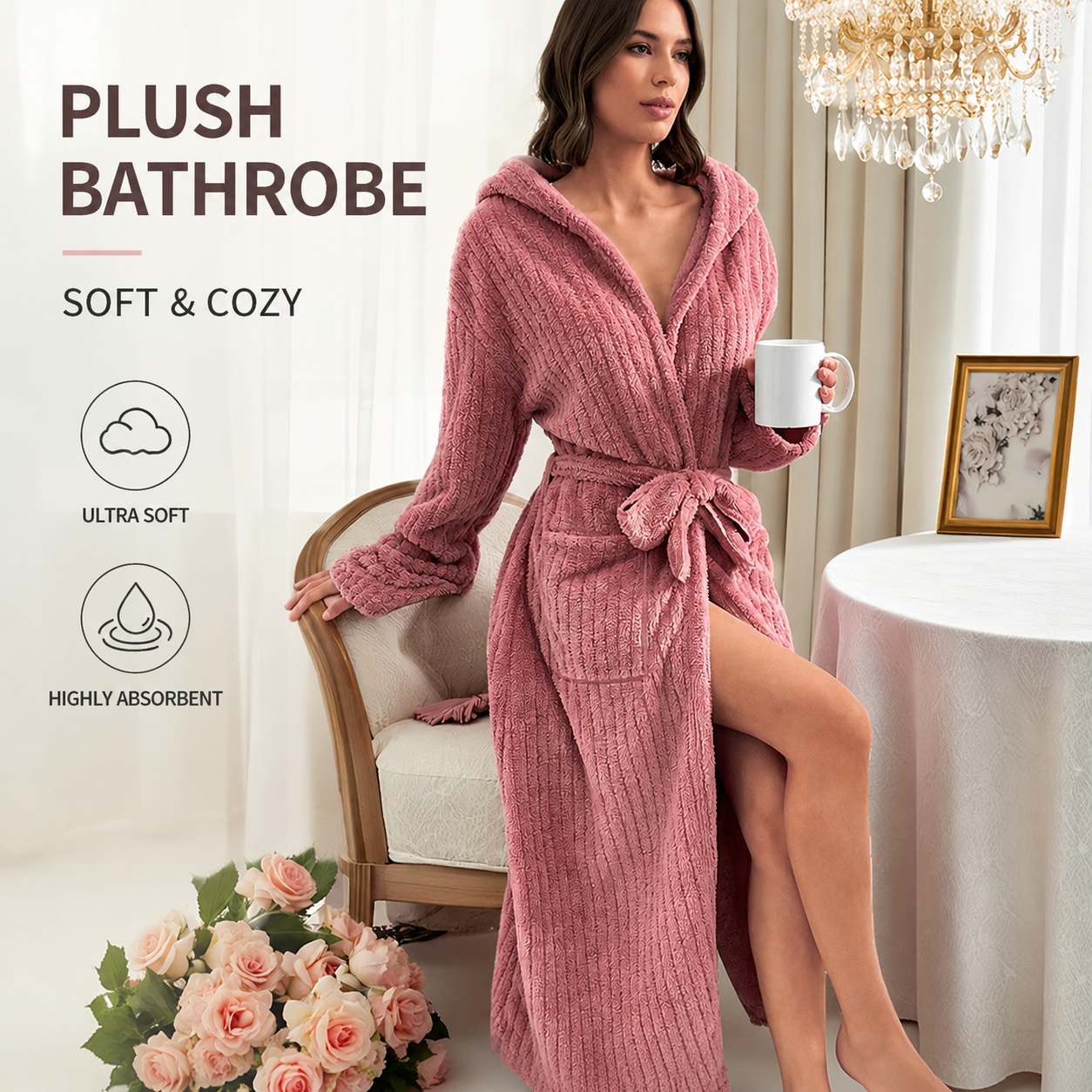 Women's Coral Fleece Hooded Bathrobe (L size) Set with 2 Pineapple Grid Towels view 5