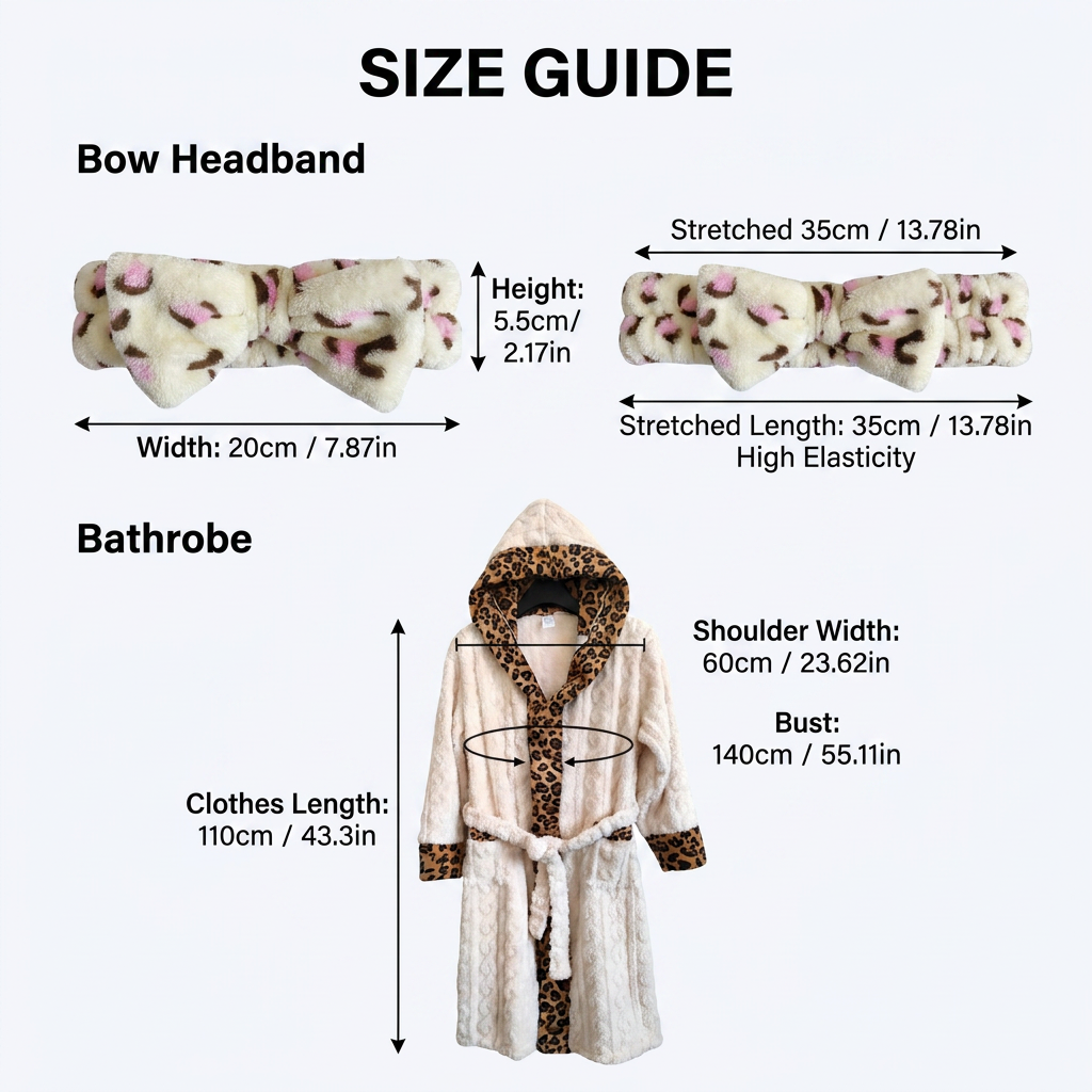Coral Fleece Leopard Trim Bathrobe Set Bow Headband Included- White Hooded view 5