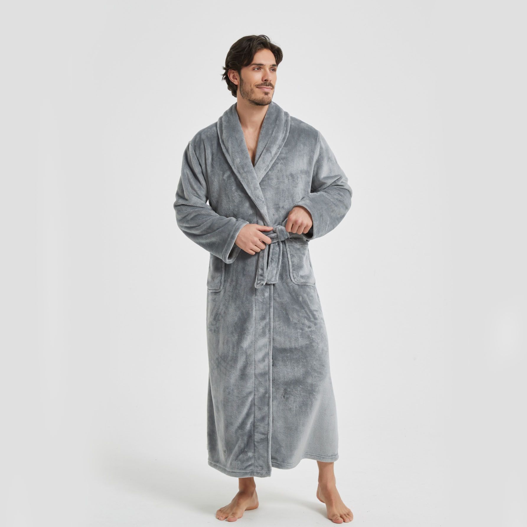 Men's Flannel Bathrobe Grey M Size - Soft Coral Fleece Hooded Kimono Collar view 2
