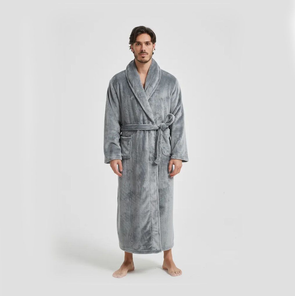 Men's Flannel Bathrobe Grey M Size - Soft Coral Fleece Hooded Kimono Collar view 4