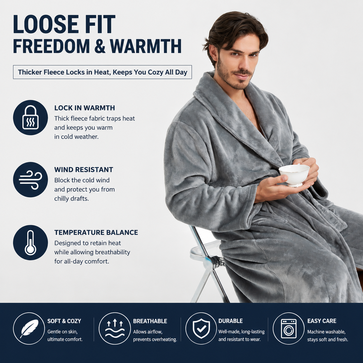Men's Flannel Bathrobe Grey L Size - Soft Coral Fleece Hooded Kimono Collar