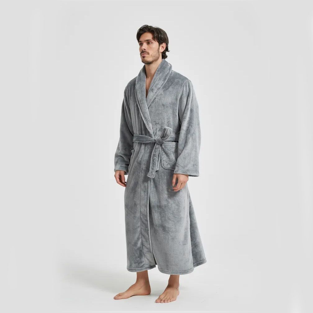 Men's Flannel Bathrobe Grey L Size - Soft Coral Fleece Hooded Kimono Collar view 6