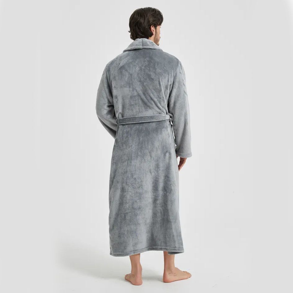 Men's Flannel Bathrobe Grey XXL Size - Soft Coral Fleece Hooded Kimono Collar view 3