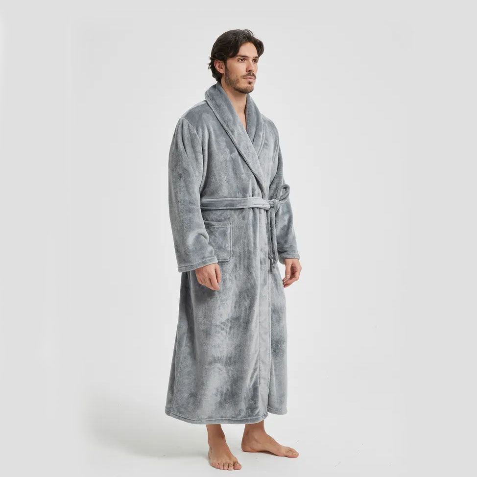 Men's Flannel Bathrobe Grey XXL Size - Soft Coral Fleece Hooded Kimono Collar view 5