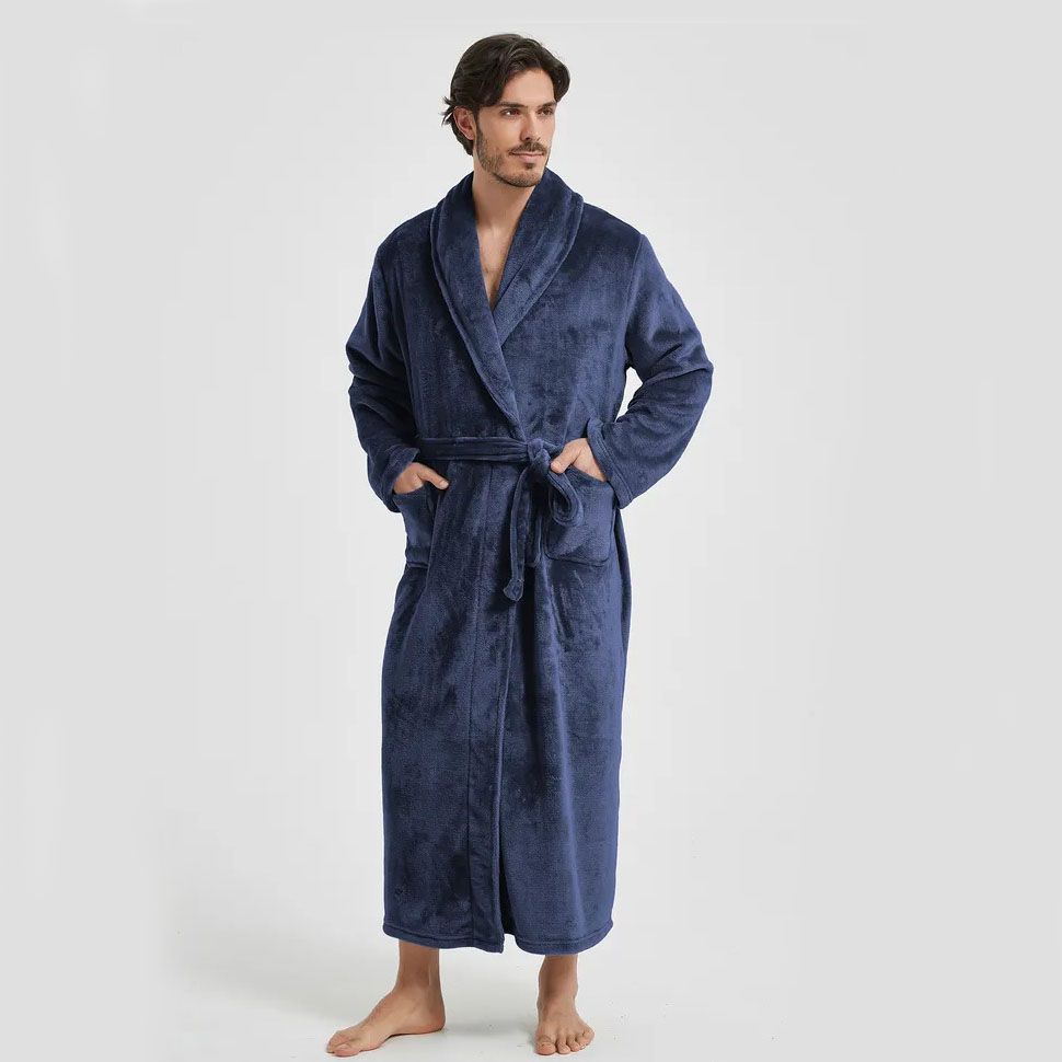Men's Flannel Bathrobe blue M Size - Soft Coral Fleece Hooded Kimono Collar view 4