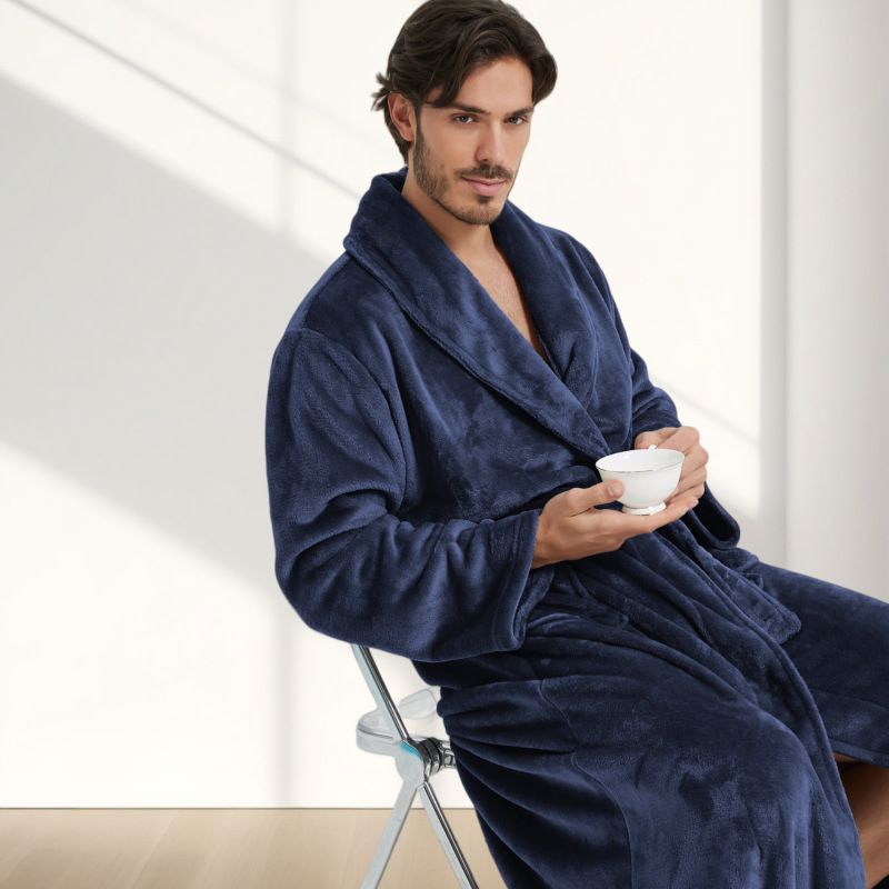 Men's Flannel Bathrobe blue XL Size - Soft Coral Fleece Hooded Kimono Collar view 2