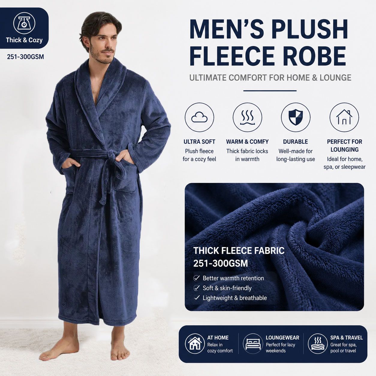 Men's Flannel Bathrobe blue XXL Size - Soft Coral Fleece Hooded Kimono Collar