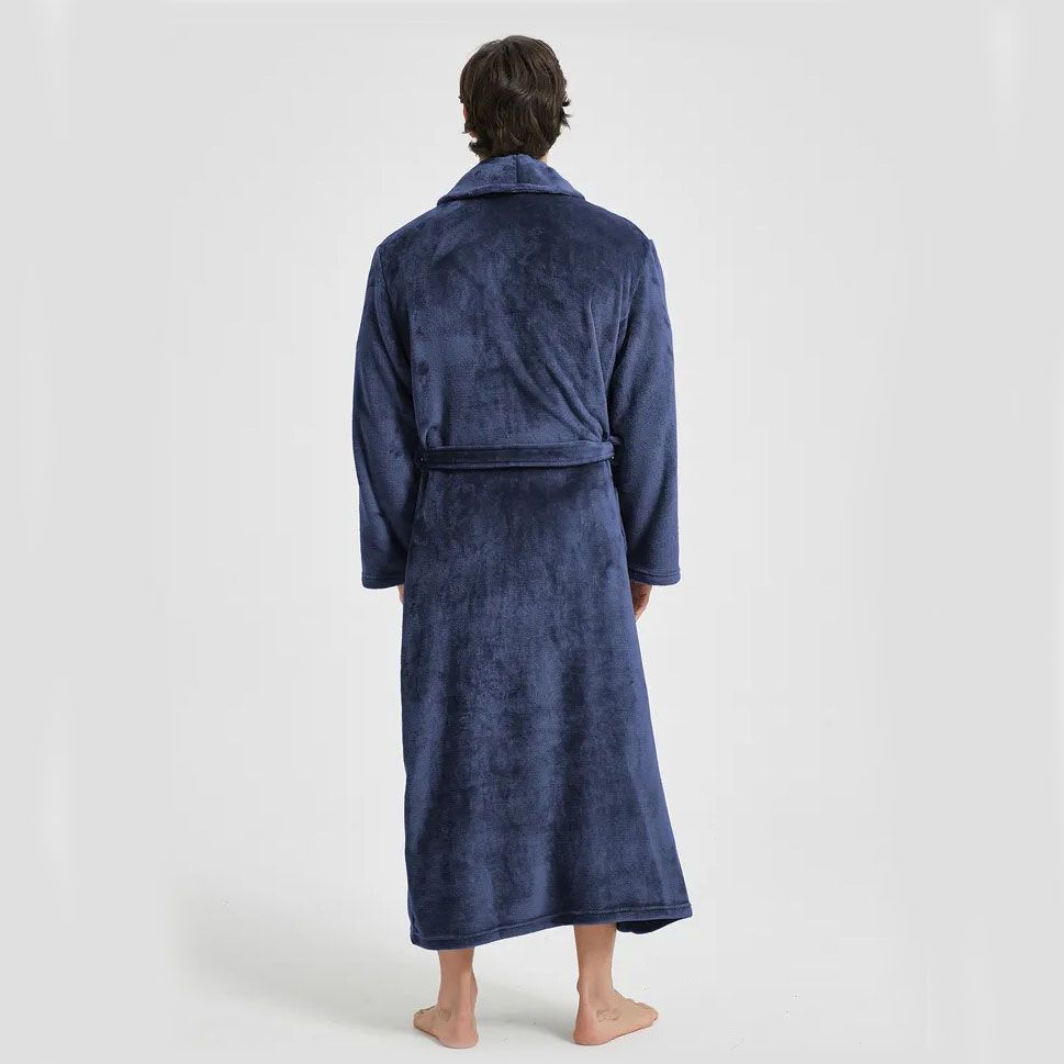 Men's Flannel Bathrobe blue XXL Size - Soft Coral Fleece Hooded Kimono Collar view 3