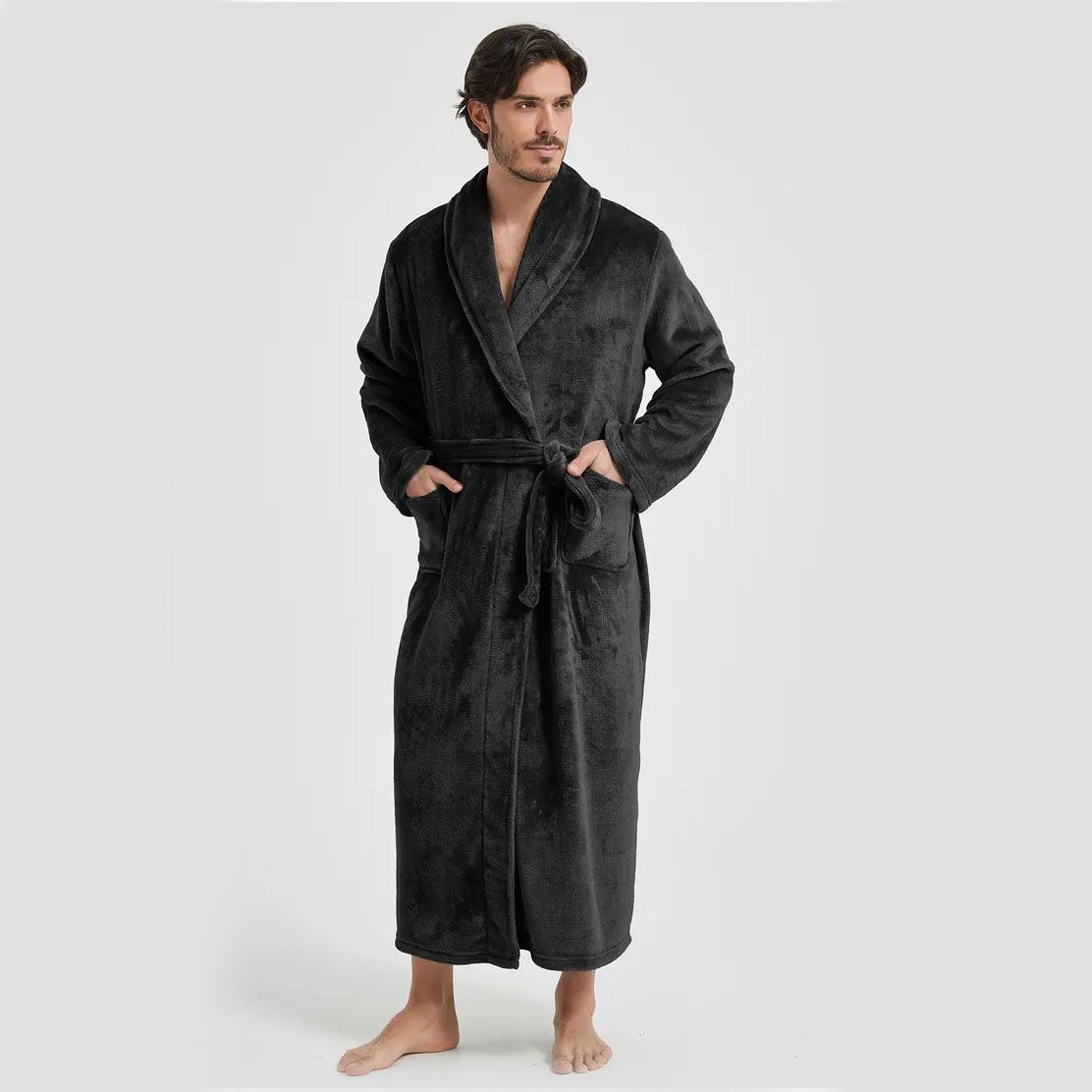 Men's Flannel Bathrobe Black M Size - Soft Coral Fleece Hooded Kimono Collar view 5