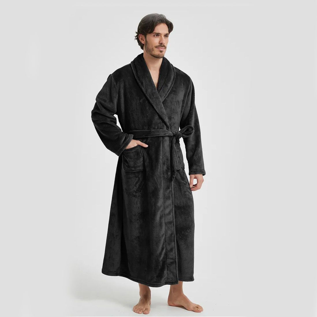 Men's Flannel Bathrobe Black L Size - Soft Coral Fleece Hooded Kimono Collar view 2