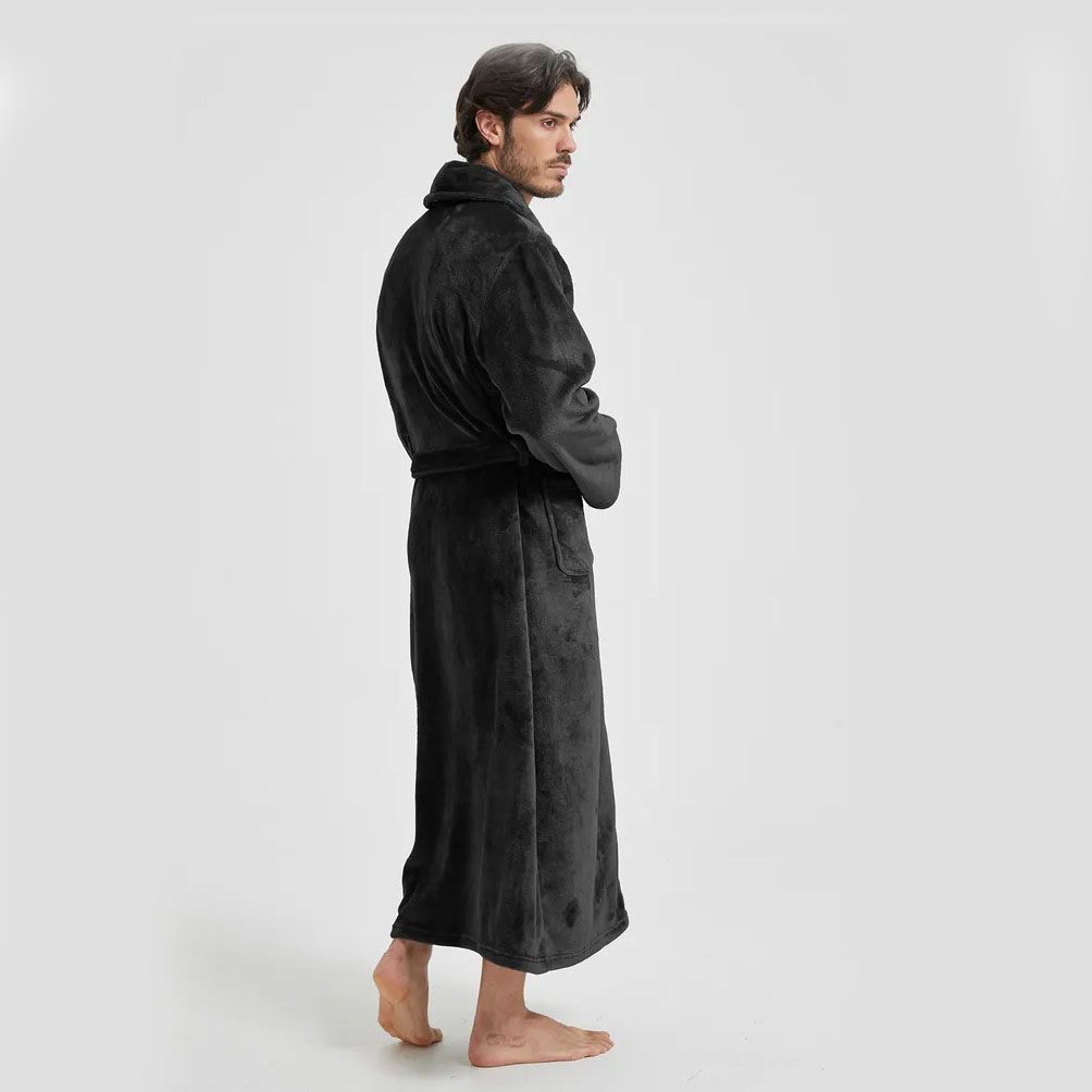 Men's Flannel Bathrobe Black L Size - Soft Coral Fleece Hooded Kimono Collar view 4