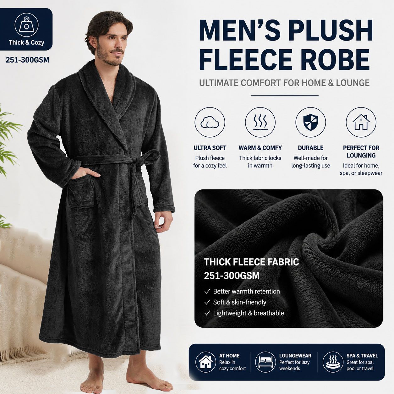 Men's Flannel Bathrobe Black XL Size - Soft Coral Fleece Hooded Kimono Collar